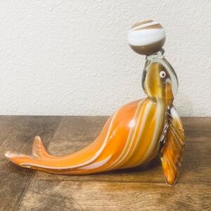 Gorgeous Murano style hand blown glass Sea Lion Seal with Ball Orange